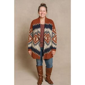 Tahari Aztec Cardigan Sweater Rust Navy Cream Geometric Open Front Women’s Mediu